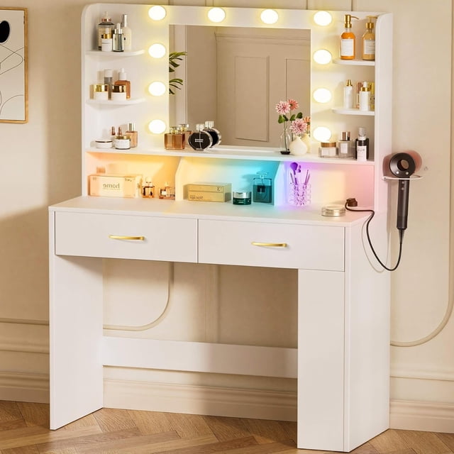 Tocador, tocador, mueble y estación de carga con espejo y lámpara, con 2 cajones y estantes, modo iluminación ambiental RGB, para dormitorios y vestidores (blanco)