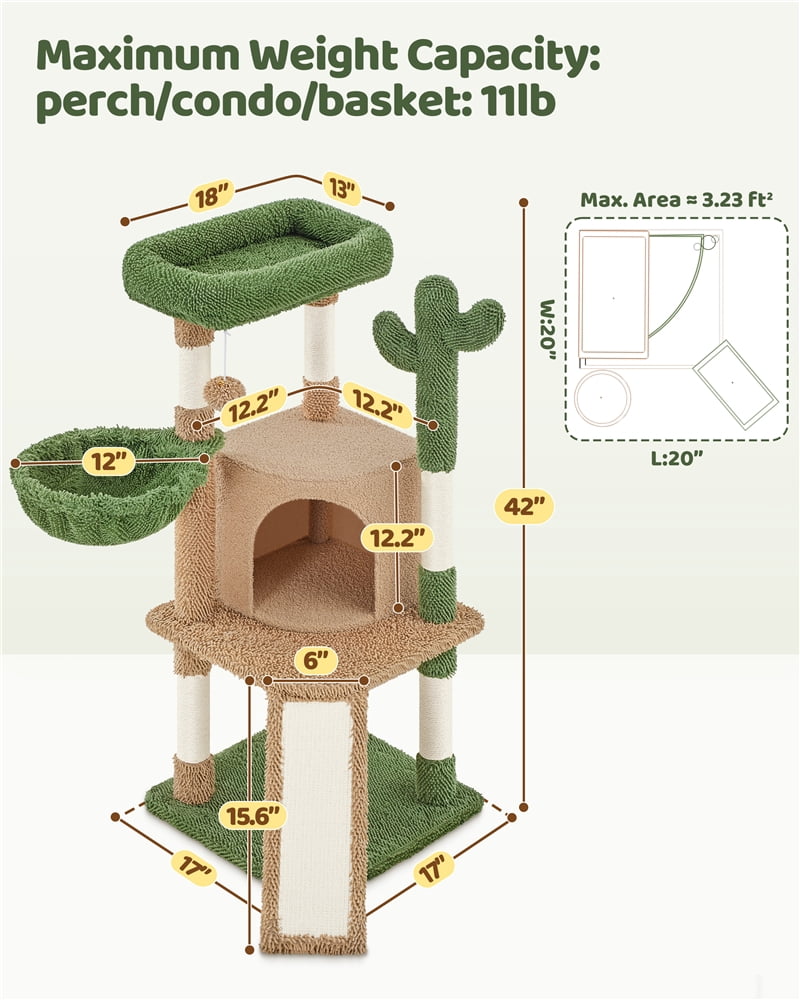 Yaheetech 42" Height Cactus Cat Tree with Scratching Posts, Basket & Ladder, Brown/Green