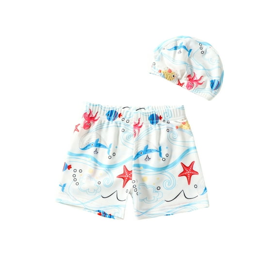 Arvbitana 2Pcs Little Boys Swim Shorts Print Swim Swimsuit Bathing Suit with Swim Cap
