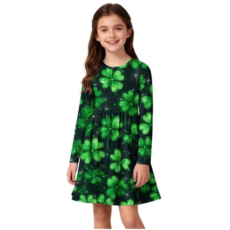 SERTG Girls Long Sleeve Stretch Dress A-Line Skater School Recital Performance Twirl Comfort Fit Round Neck Party Celebration Everyday Garment(Navy 13-14 Years)