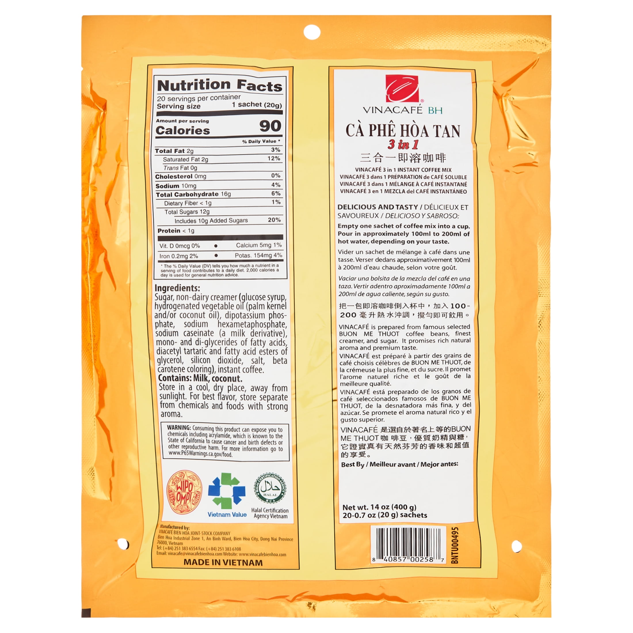 (5 pack) Vinacafe 3-in-1 Instant Coffee Packets, 20 ct