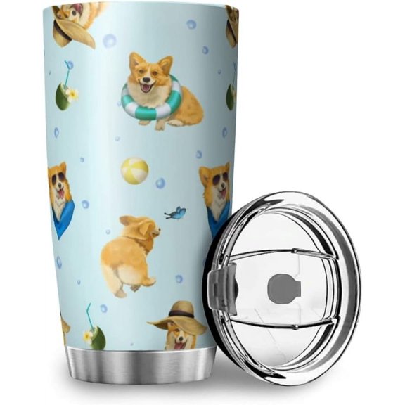Corgi 20oz Tumbler with Lid Funny Corgi Beach and Balls Vacuum Insulated Drinks Tea Beverages Cup Dog Lovers Gift Tumblers Travel Coffee Mugs for Cold and Hot Drinks