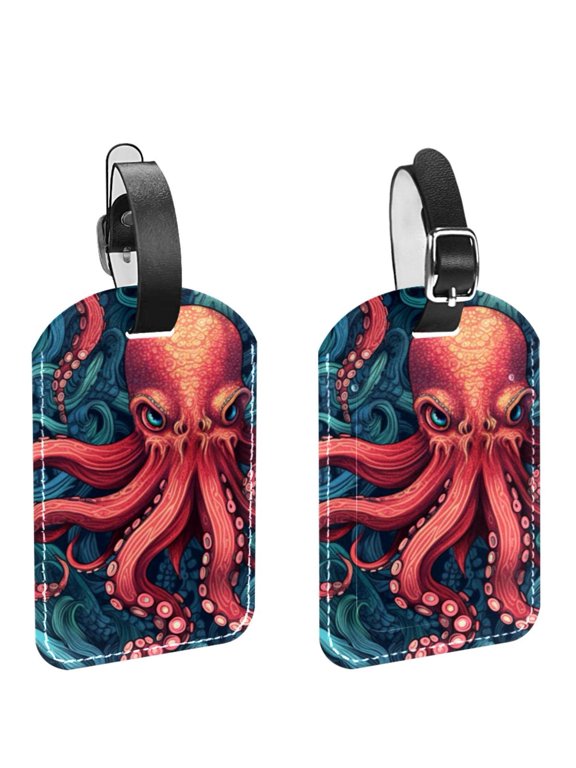 Square 2Pack PU Leather Octopus Cruise Luggage Tag with Privacy Cover and Name ID Tag for Travel Handbags Backpacks Luggage Tags