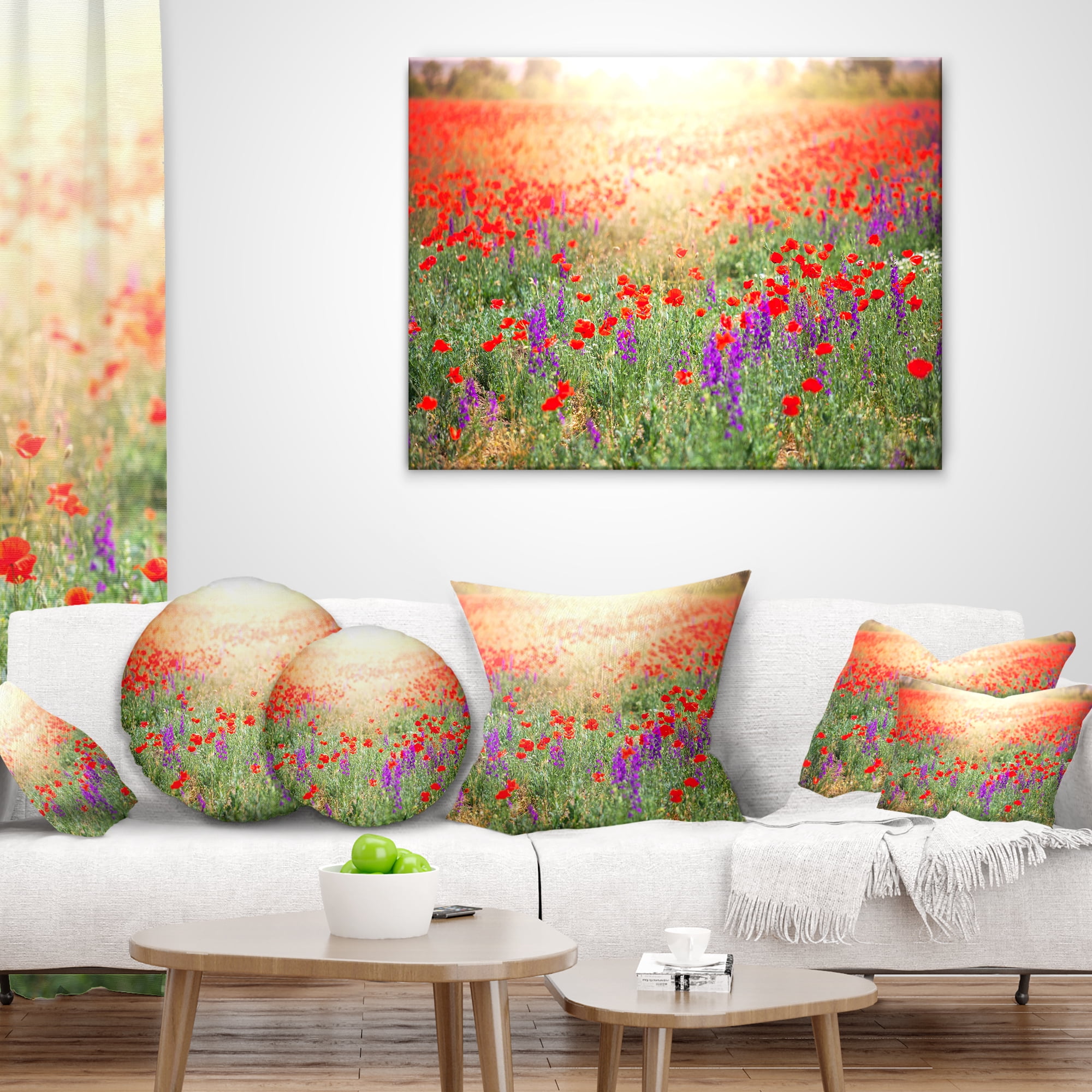 Designart Expansive Poppy Field At Sunset - Floral Throw Pillow - 16x16