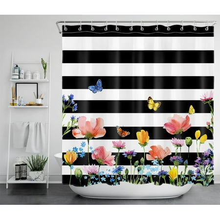 HVEST Vintage Floral Shower Curtain Colorful Wildflower Butterfly with Black and White Striped Backdrop Modern Farmhouse Shower Curtains for Bathroom, 70x69 Inch Polyester Fabric Bath Curtain with Hoo