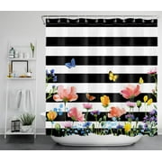 HVEST Vintage Floral Shower Curtain Colorful Wildflower Butterfly with Black and White Striped Backdrop Modern Farmhouse Shower Curtains for Bathroom, 70x69 Inch Polyester Fabric Bath Curtain with Hoo