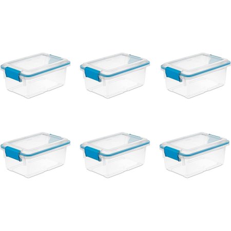 Sterilite 7.5 Qt Gasket Box, Stackable Storage Bin with Latching Lid and Tight Seal, Plastic Container to Organize Basement, Clear Base, Lid, 6-Pack