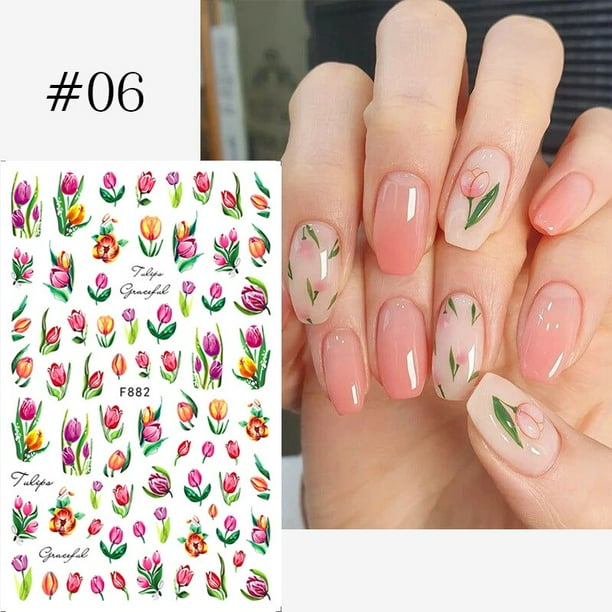 Pegatinas de uñas 3D de flores moradas, hoja verde, Floral, cereza, primavera, arte de uñas, calcomanías de agua, deslizadores, manicura, mariposa, decoración de puntas de uñas Tan Jianjun unisex