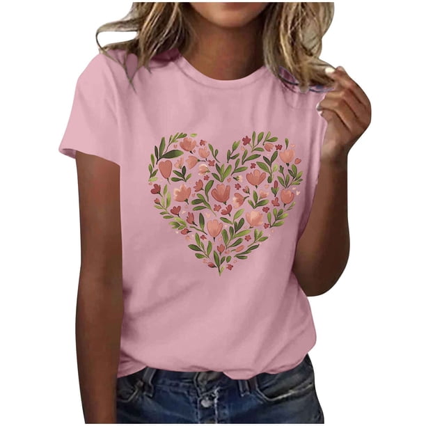 Primavera Top Mujeres de Moda de Cuello Redondo con Patrones de Corazón de Manga Corta Camiseta Top para Uso Diario Y de Fiesta