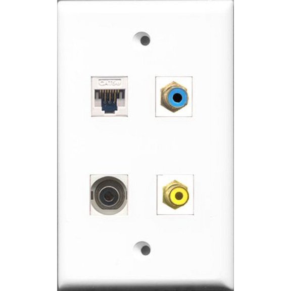 RiteAV 1 Port RCA Yellow and 1 Port RCA Blue and 1 Port 3.5mm and 1 Port Cat5e Ethernet White Wall Plate