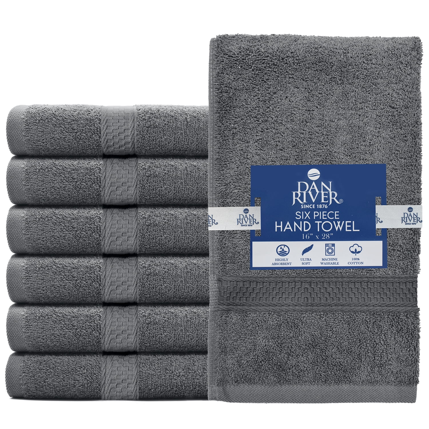 Dan River Hand Towel pack of 6 Quick Dry And Absorbent Cotton Towels for Bathroom - Gray 16x28in