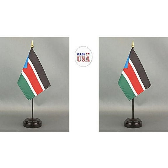 Made in The USA. 2 South Sudan Rayon 4"x6" Miniature Office Desk & Little Hand Waving Table Flags Includes 2 Flag Stands & 2 Small Mini South Sudanese Stick Flags