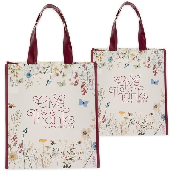 Christian Art Gifts Reusable Fashion Shopping Tote Bag for Women: Give Thanks - 1 Thessalonians 5:18 Inspirational Bible Verse Durable Handbag for Groceries, Books, Supplies, White & Burgundy Floral
