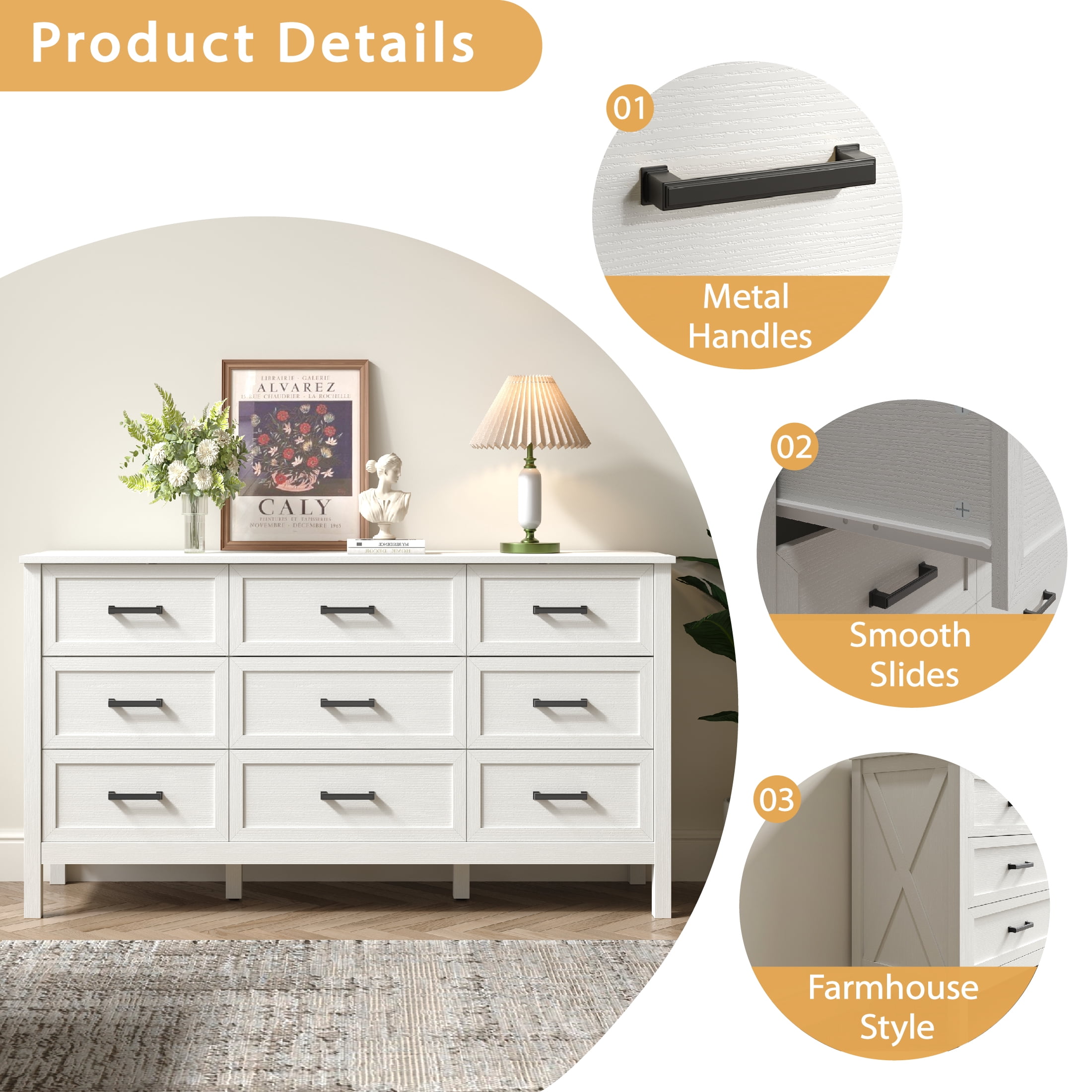 YouTrend 9 Drawer Farmhouse Dresser,Wood Adult Rustic Chest of Drawer with Metal Handles for Bedroom Living Room Hallway,Natural White