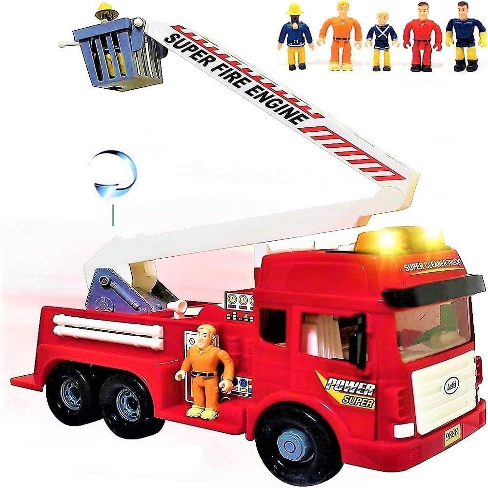 Bonus: 5 Toy Figures Big Folding Ladder Powerful Friction Wheels FUNERICA Toy Fire Truck with Lights and Sounds Large Red Play Fire Engine Firetruck for Kids Toddlers Boys & Girls 4 Sirens 
