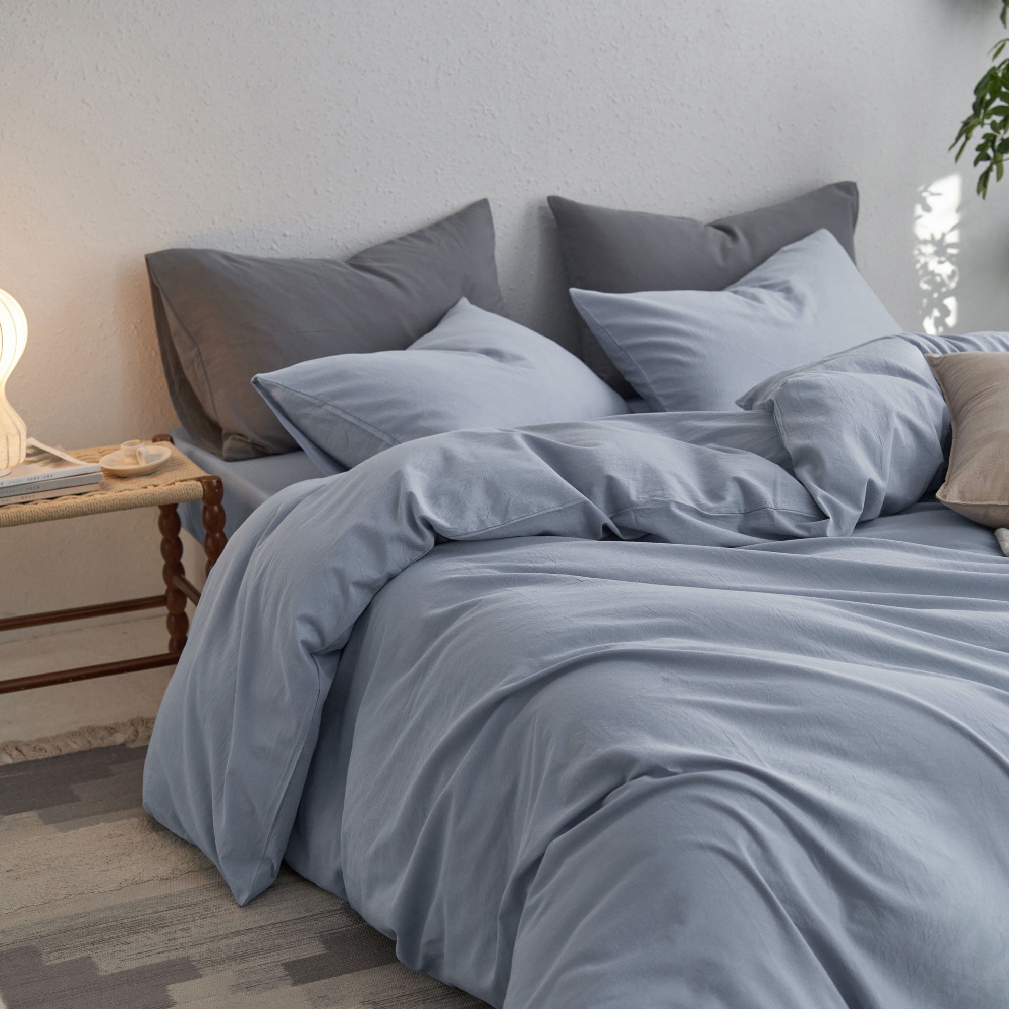 MooMee Duvet Cover Set Queen 100% Washed Cotton Twill Ultra-Soft Breathable Linen Like 3-Piece (Cornflower Blue, 90"x90")