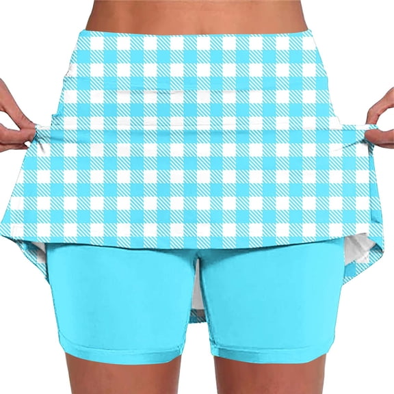 Womens Skorts with Pockets High Waisted Elastic Skirts Checkered Print Skort Running Mini Skirt Built In Shorts Yoga Clothes