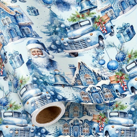 Blue Christmas Wrapping Paper Roll, Mini Roll, Vintage Winter Wonderland with Truck, Santa, Snowy Houses Design, Festive Holiday Gift Wrap Paper for Christmas, 58 x 23 inch Per Roll
