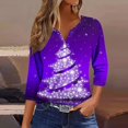 thumbnail image 1 of Puntoco Camiseta informal con cuello en V y botones con estampado navideño de moda para mujer, blusa holgada de manga 3/4, 1 of 5
