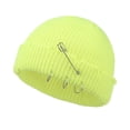 thumbnail image 2 of Unisex Fashion Ribbed Knit Cuff Beanie Hat, Metal Ring Pin Decor Slouchy Cap Winter Vintage Holey Streetwear Hat Fluorescent Green One Size, 2 of 3