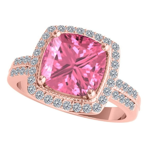 Mauli Jewels Rings for Women 2.60 Carat Diamond And Cushion Cut Pink Topaz Ring 4 Prong 14K Rose Gold
