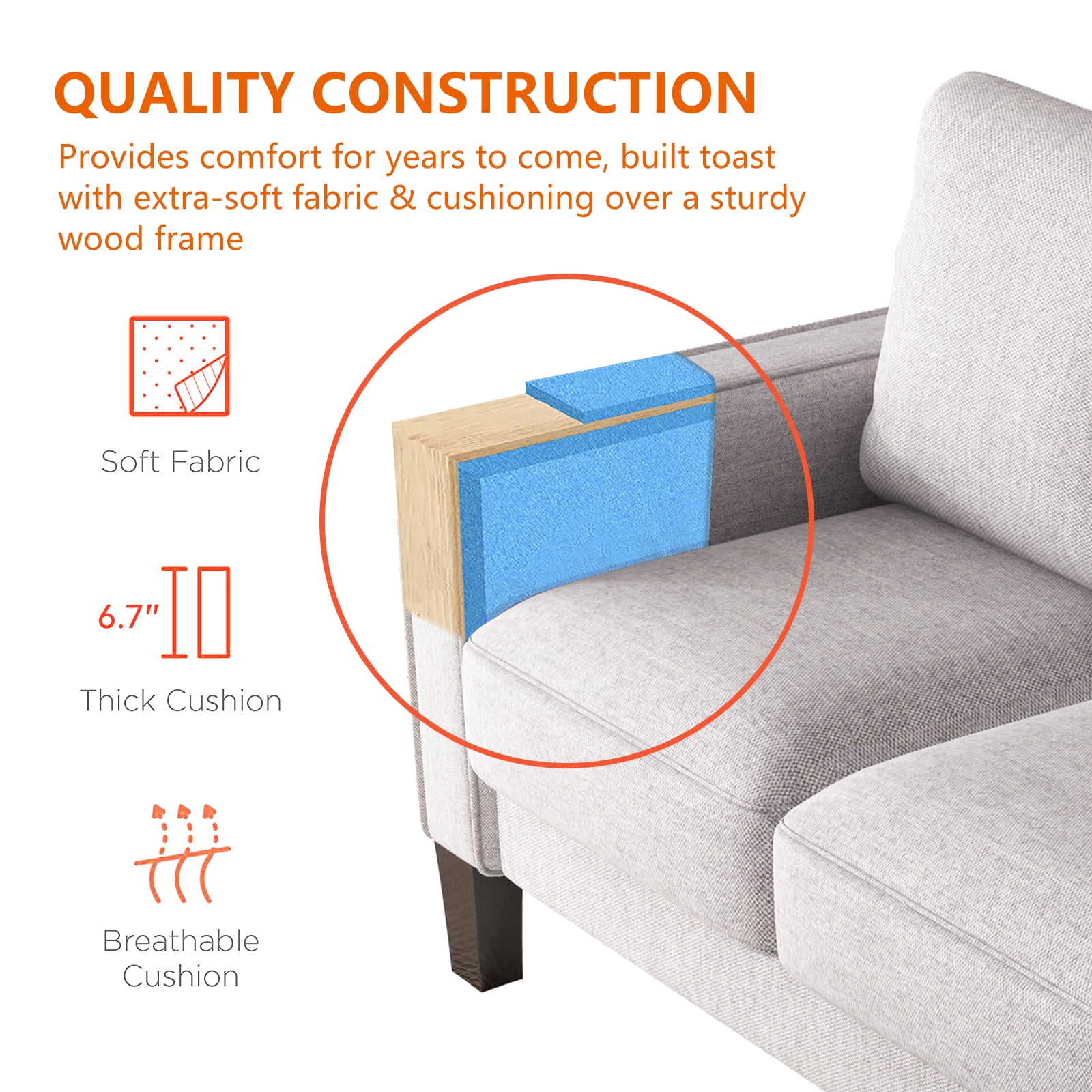 DEALTOPS Modern Sectional Sofa Couch Upholstered Sofa Storage Couches 3 Seater Sofa Chair for Living Room - Light Gray