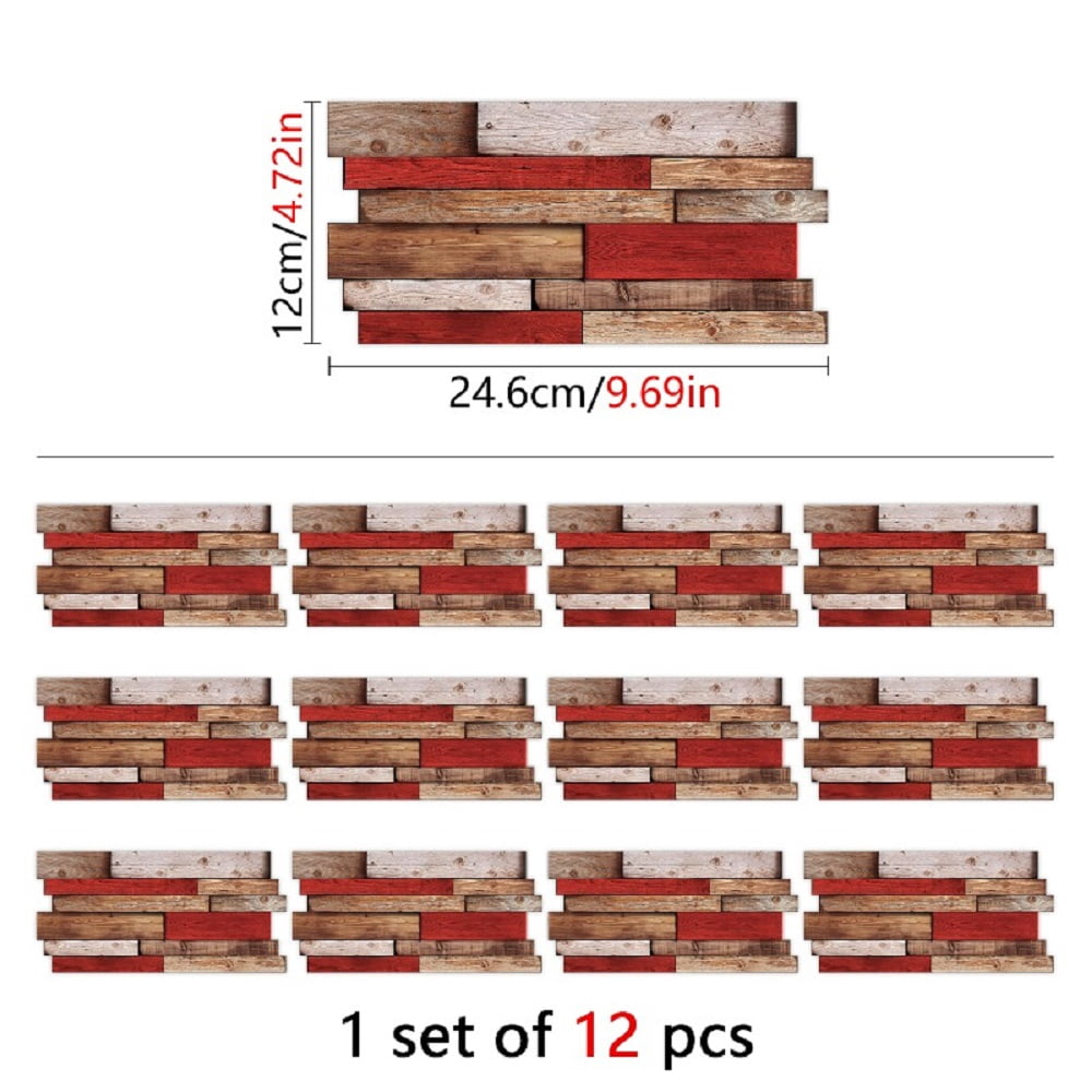 12Pcs Self-Adhesive Wallpaper Retro Red Shaped Wood-Grain