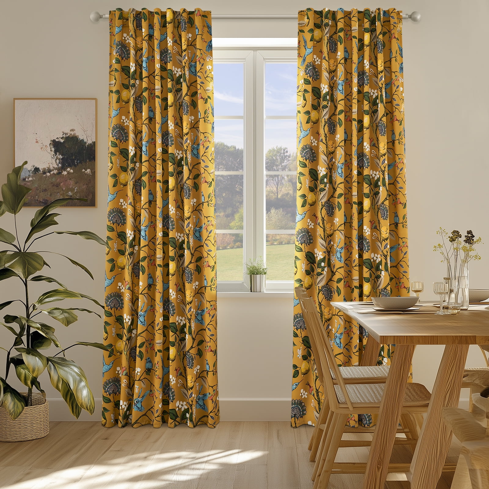 Topfinel Fancy Hummingbird Patterned Curtain,Mustard Yellow Curtains for Living Room, Thermal Insulated Blackout Curtains for Bedroom, Floral Vintage Lemon Curtains 96 inch Length 2 Panels Set