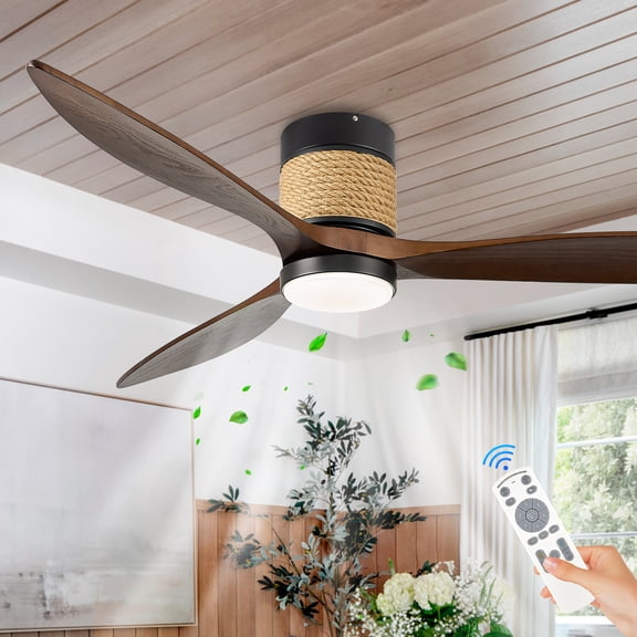 60in Dimmable Flush Mount Ceiling Fans Light with Remote Control 3 Blade Farmhouse Hemp Rope Ceiling Fan with Light Walnut Wood Black Ceiling Fan Outdoor for Kitchen Bedroom Living Room