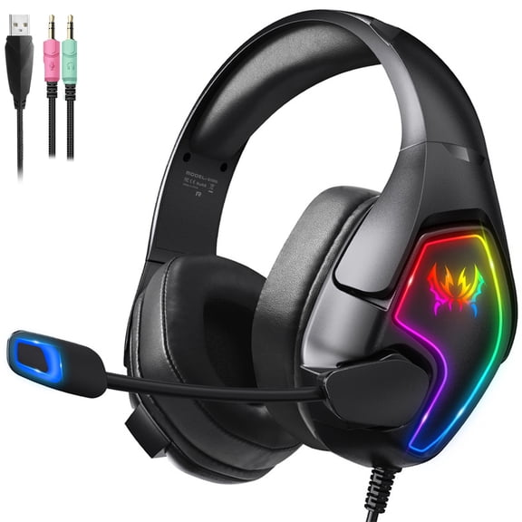 Over Ear Gaming Headset with Mic, Wired Gaming Headphones with RGB LED Light, Surround Sound Headphones for PC PS4 PS5 Xbox One Switch
