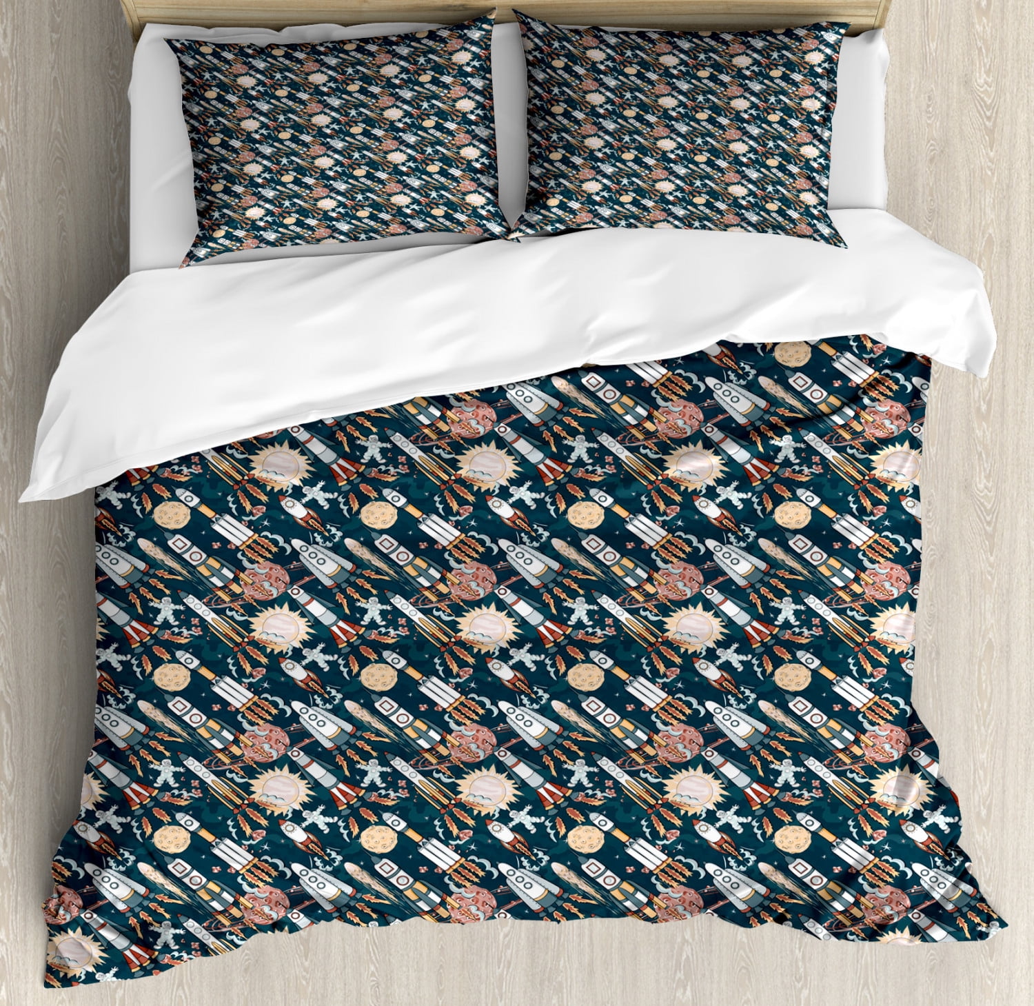 Spaceship Duvet Cover Set King Size, Hand Drawn Space Exploration ...