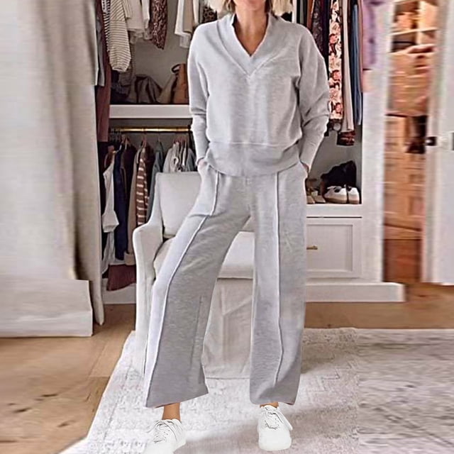 Timdgard Fall Outfits for Women Plus Size V Neck Long Sleeve Pullover Sweatpants Sweatsuit Workout Sets