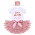 thumbnail image 2 of IBTOM CASTLE Toddler Baby Girls First Birthday Outfit Rainbow Boho Bohemian Romper+Tutu Skirt+Crown Cake Smash Clothes Set for Photo Shoot 6 Months Dusty Pink+Crown, 2 of 8