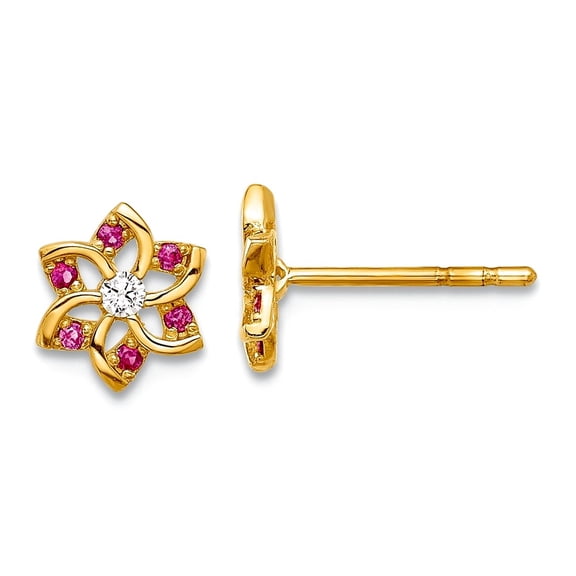 14k Solid Gold Polished Red and White Cubic Zirconia Flower Post Earrings 6.5x6.5mm Wide Stud Earring for Women