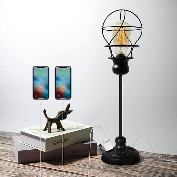 Industrial Bedside Lamp with Dual Usb Charging Ports Retro Small Bedside Lamp with Ac Socket Black Metal Wire Cage Lampshade for Living Room Bedroom Office