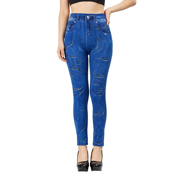 Mingw Women's Plus Stretch Ankle Leggings Jeans Denim Leggings High Waist Tummy Control Yoga Pants ,Blue,Free Size