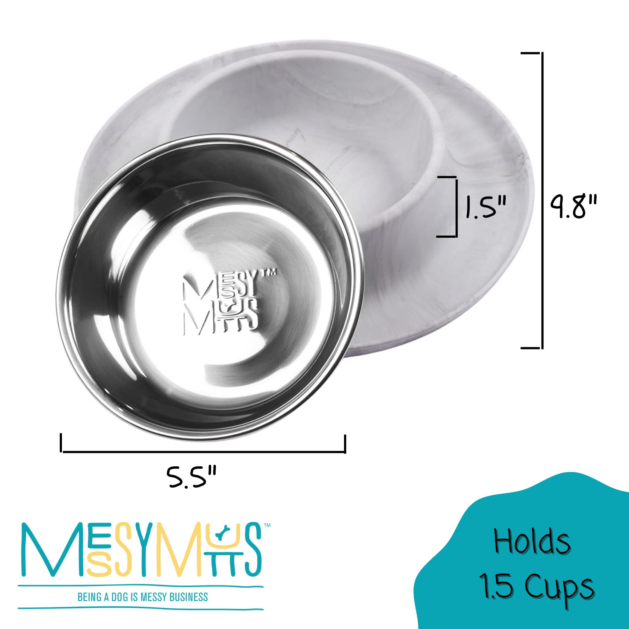 Messy Mutts Single Silicone Feeder with Stainless Bowl | Non-Skid Food Dishes for Dogs | Sizes Available for All Pets | Dog Food Bowls | Medium, 1.5 Cups | Marble