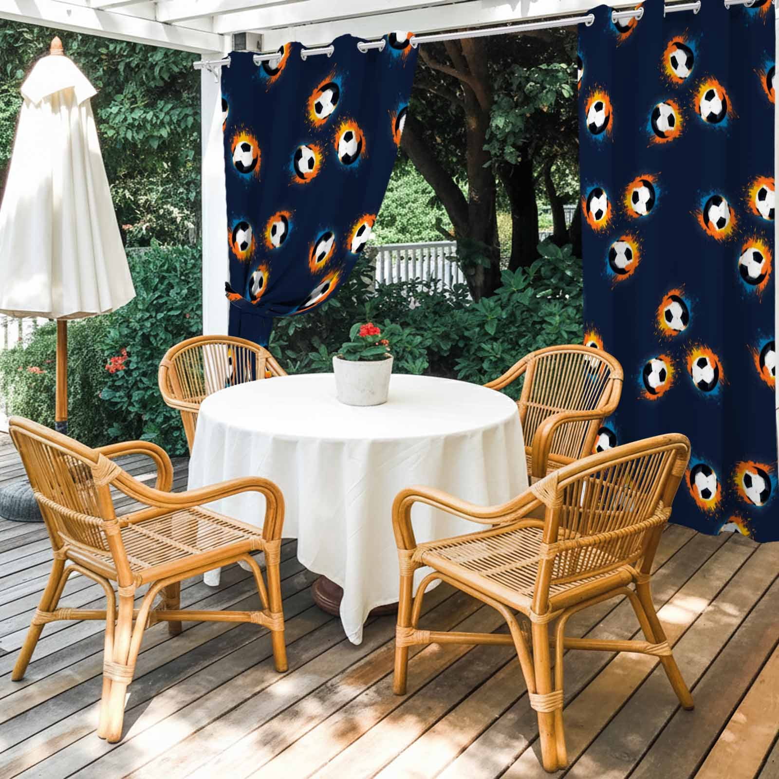 Soccer Ball Outdoor Curtains for Patio, Sports Athletic Black White Soccer Navy Blue Background Sunshade Privacy Drapes Grommet Waterproof Outside Curtains for Porch/Cabana/Balcony 54"x 108", 1 Panel