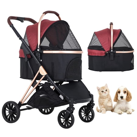 4 Wheels Dog Stroller, 3-in-1 Multifunction Pet Stroller with Detachable Carrier Folding Lightweight Travel Aluminium Frame Dog Cat Stroller with Side Pocket for Medium Small Dogs Cats