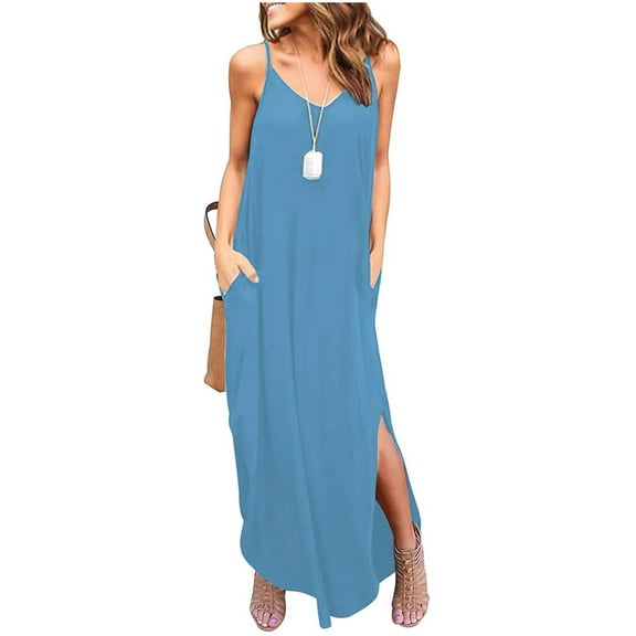 Inkach Women?S Solid Sleeveless O-Neck Pockets Loose Baggy Kaftan Long Dress 2XL