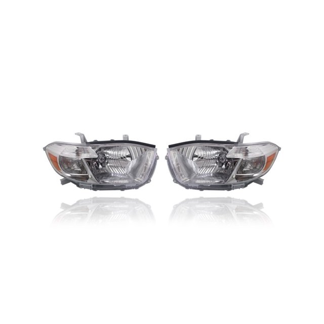 Headlight Assembly - Compatible/Replacement for '08-10 Toyota Highlander Base/SE/Limited (USA Built) - White Chrome Bezel - Pair, Left Driver + Right Passenger Set - 811100E090, 811500E110