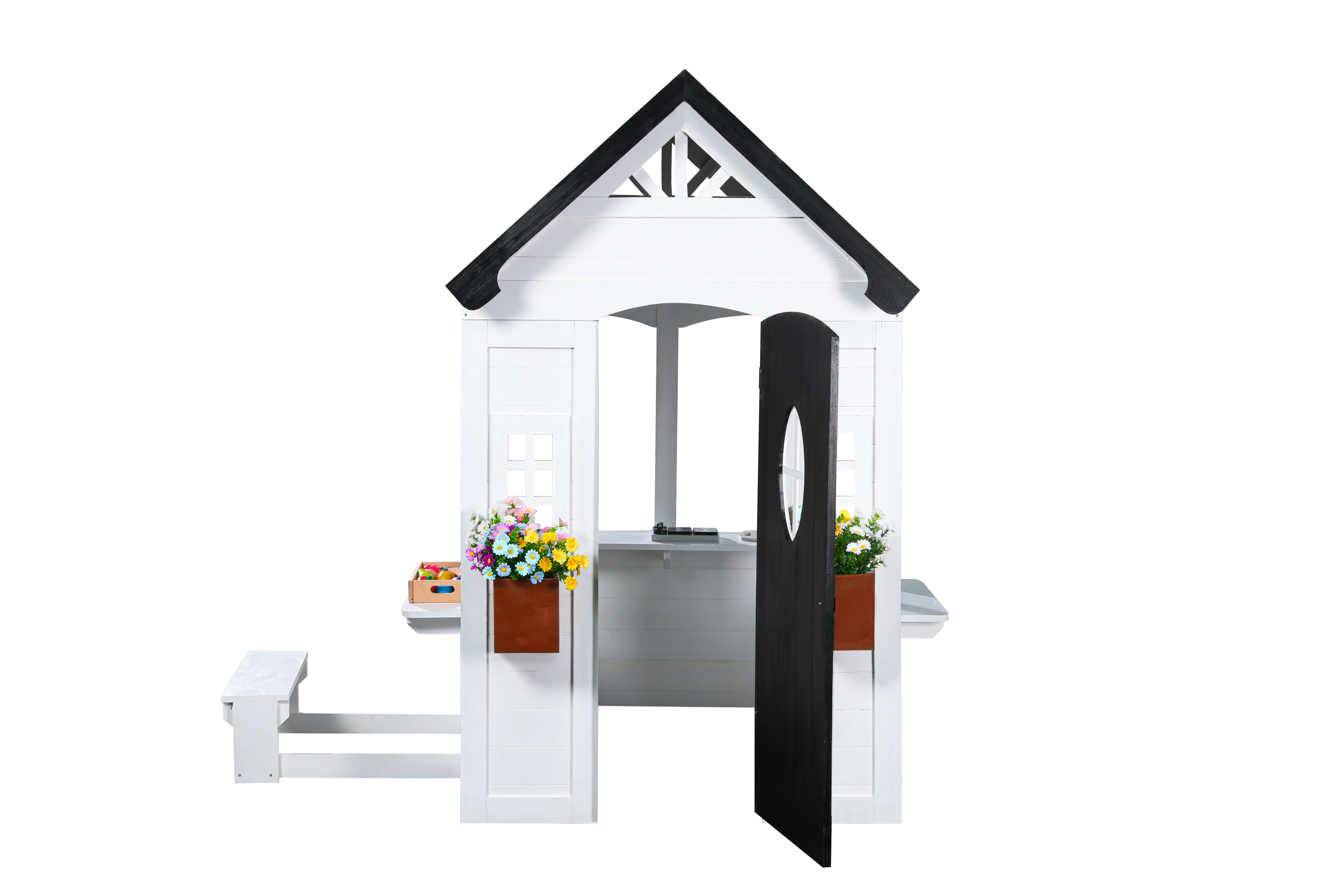 2MamaBees Zahara Playhouse | White & Black Farmhouse Design with Kitchen and Garden