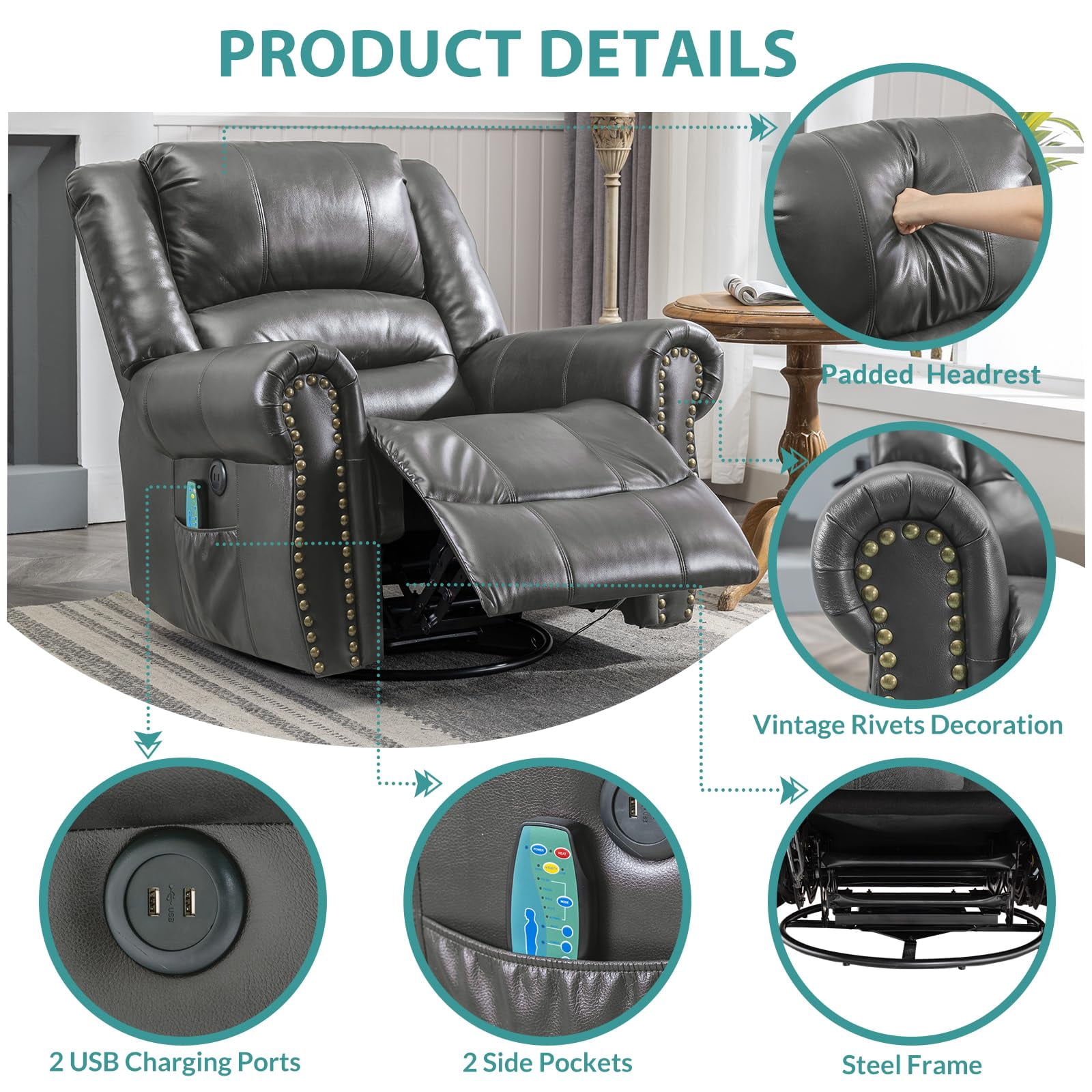 MEETWARM Massage Swivel Rocker Recliner, Manual Glider Rocking Recliner Chair with Heat and Vibration, 360°Swivel Lounge Reclining Chair with Remote Control/USB Ports for Living Room(Gray)