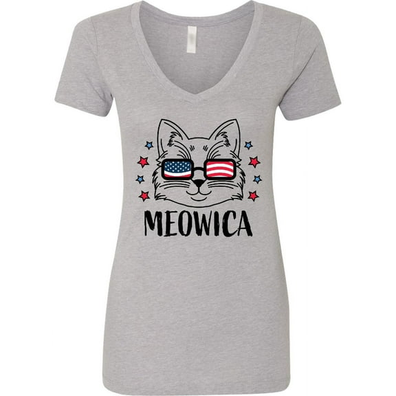 Inktastic 4th of July Meowica Cat in Flag Sunglasses Women's V-Neck T-Shirt