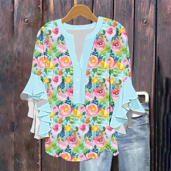 Jsaierl Tops for Women 3/4 Sleeve Casual Button Up V Neck Shirts Fashion Print Petite Blouses Workout Holiday Tunic Top S-2XL