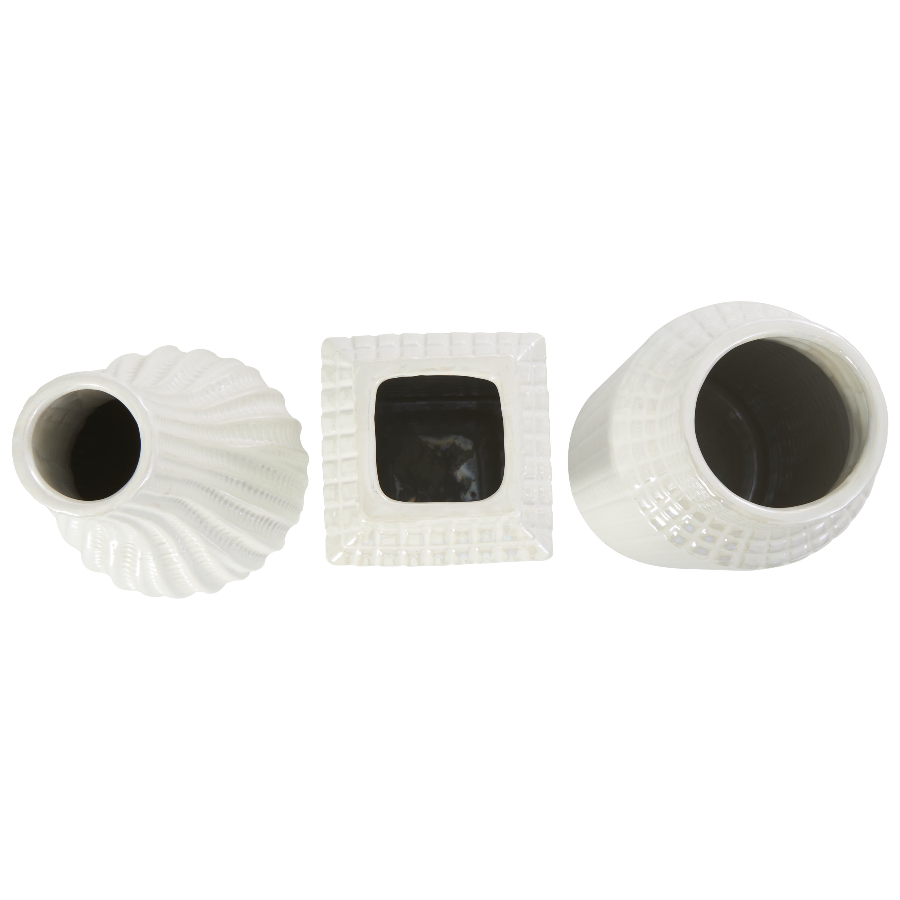 DecMode 3"W, 8"H Geometric Dimensional Textured Cream Ceramic Vase with Varying Shapes and Grid Patterns, Set of 3