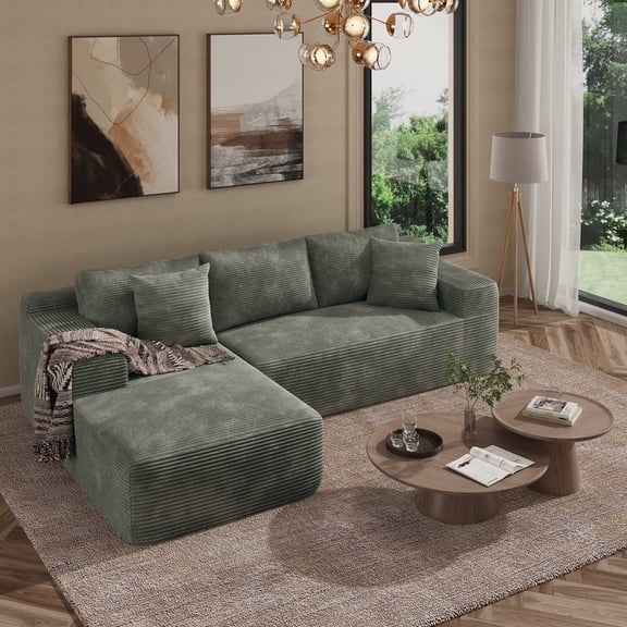 Indoor Modular Sectional Sofa with Reconfigurable Modules, Corduroy Upholstery, Vacuum Design, No-Assembly Design, Left Facing Chaise, Green