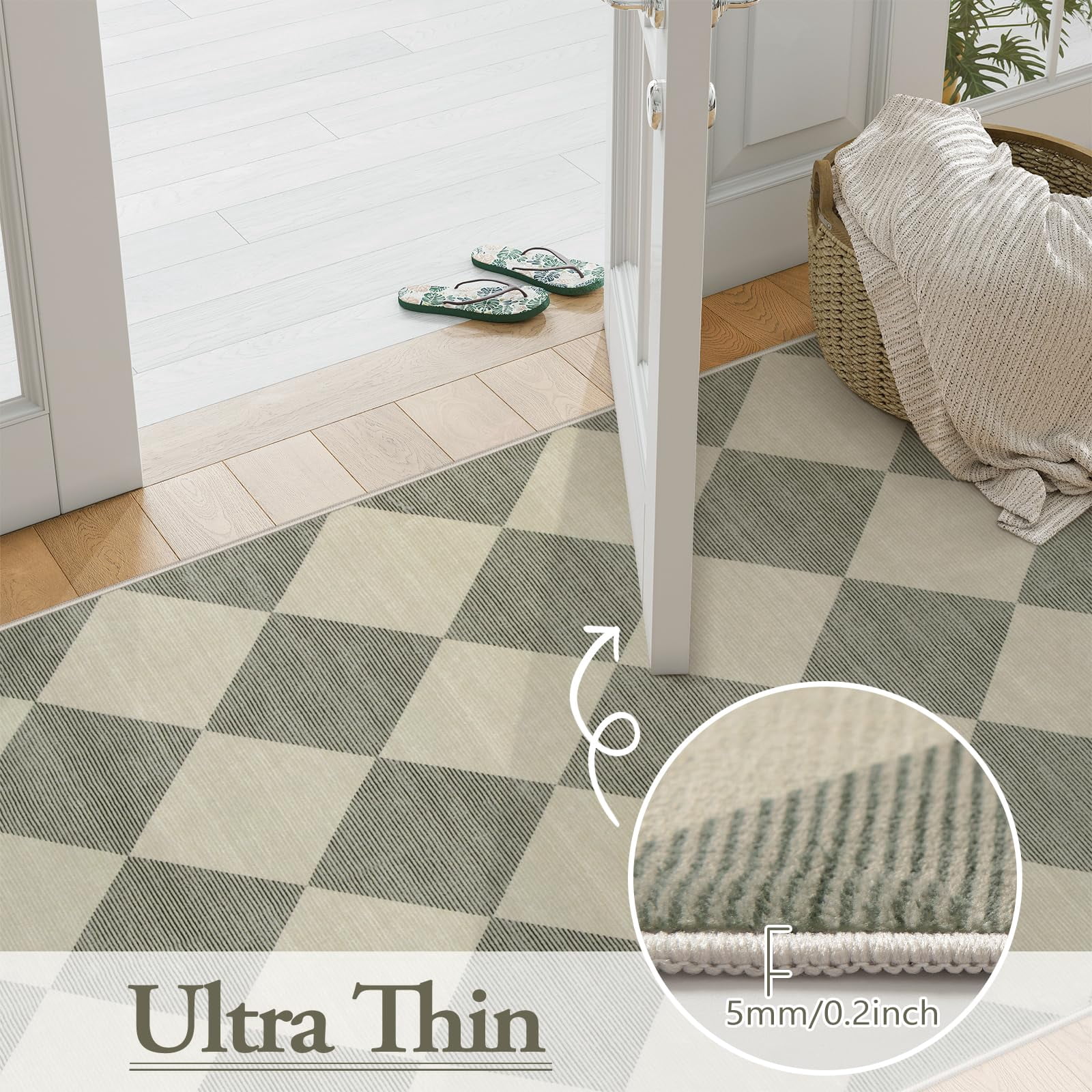 Lahome Decor 2'x3' Modern Washable Rugs for Bedroom, 2x3ft Non-Slip Door Mat Indoor Entrance, Farmhouse Checkered Rug,Soft Low Pile Carpet Throw Rugs for Entryway Laundry Bedroom,Green