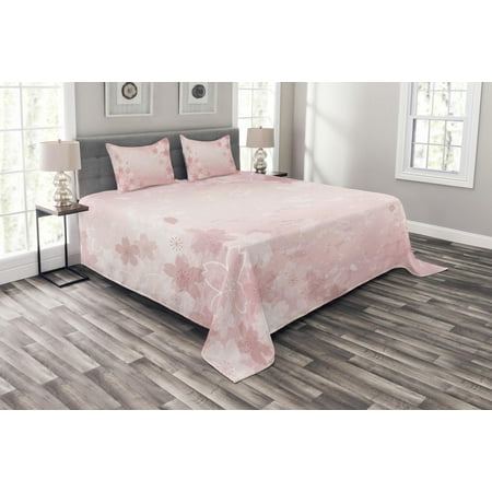 - Nature Bedspread Set, Cherry Blossoms Pattern in Shabby Chic Style Flourish Themed Fashionable Artwork Print, Decorative Quilted Coverlet Set with Pillow Shams Included, Pink, by Ambesonne