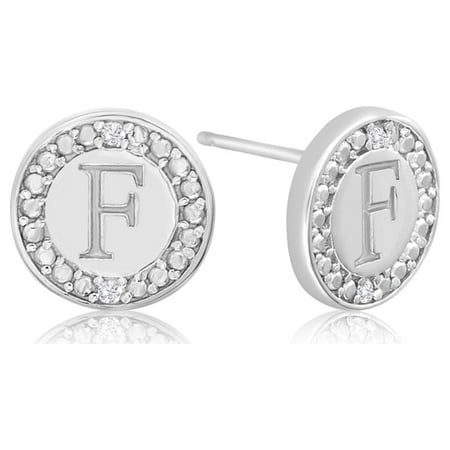SuperJeweler F Initial Diamond Stud Earrings in Sterling Silver for Women